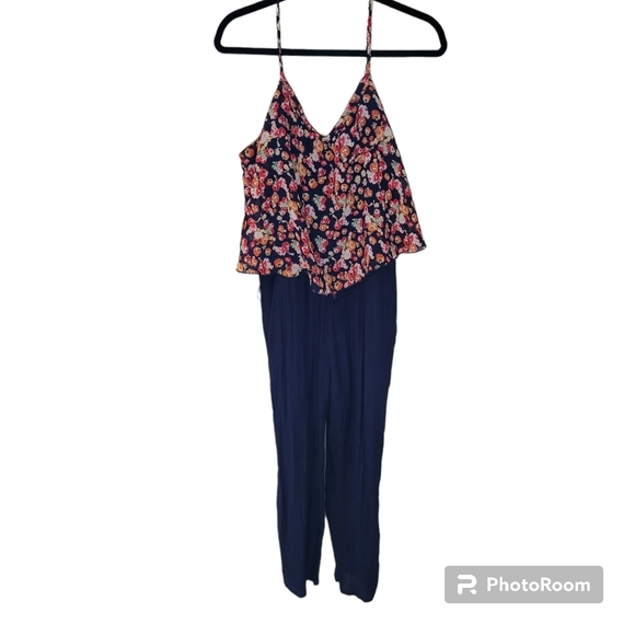 Mlle Gabrielle Pants - Mille Gabrielle navy blue and floral jumpsuit.  Spaghetti straps. Size XL